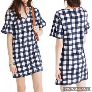 NWT Madewell Leighton Bell Sleeve Dress Navy White Plaid Size 6